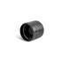 A drink bottle stopper in black, featuring markings for opening and closing. Includes a logo on the surface.