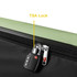 A black wheeled suitcase with a TSA lock displayed on the zipper, featuring a green accent. It has a logo.