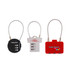 Three metal coded locks in black, white, and red, featuring numeric dials and metal cables. Each has a logo.