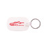 A white Oblong Durasoft keyring featuring a circular metal ring and a logo in red.