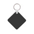 A square, black keyring with a metal ring for attachment. The keyring has a smooth surface and a white clip.