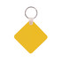 A yellow square keyring with a silver metal ring and a white attachment. It has a simple, flat design.