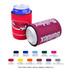 A drink bottle holder featuring red and maroon neoprene, with a logo, designed to keep beverages cool.