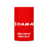 A red stubby holder featuring a logo and text, designed to keep drinks insulated.