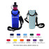 A drink bottle cooler in blue and a patterned cooler, both with straps and featuring logos.