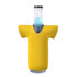 A drink bottle covered in a yellow jersey-style cooler with short sleeves and a V-neck design.