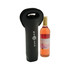 A drink bottle cooler in black neoprene beside a bottle of rosé wine. The cooler has a logo on it.