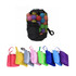 A foldable mesh drawstring backpack in black, filled with colourful balls, alongside various small, zipped pouches in multiple colours.