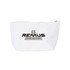A white cosmetic bag with a zip closure and a logo on the front.