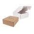 A small brown cardboard box and a white open shipper box, both featuring a logo.