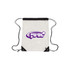 A clear PVC drawstring bag with black corners and a purple logo. The bag features adjustable drawstrings.