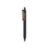 A black plastic click pen with a clip and a logo printed on the side.