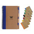 Kraft notebook with a blue band and ballpoint pen, accompanied by a variety of coloured spiral notebooks.