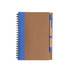 A brown Kraft notebook with a blue spiral binding and a matching blue ballpoint pen attached.