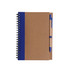 Kraft notebook with a blue cover and a matching blue ballpoint pen attached, featuring a spiral binding.
