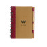 A kraft notebook with a maroon accent and a ballpoint pen attached, featuring a logo on the cover.