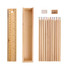 A wooden pencil set featuring 12 coloured pencils, a natural wood ruler, an eraser, and a sharpener in a box.