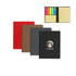 A PU Sticky Notes Memo Holder featuring four notebooks in red, brown, grey, and black with a colourful sticky notes section and a logo.