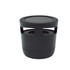 A black 2 in 1 Bluetooth speaker featuring a wireless charger, with a smooth circular top and open design.