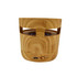 A Bluetooth speaker in a wood-textured finish, featuring a cylindrical shape and control buttons on the front.