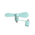 A teal 2 in 1 smartphone fan with a USB connection and a small adaptor. It features two blades for cooling.