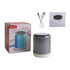 A portable grey LED Bluetooth speaker with a white base, packaged in a box with a USB charging cable and instructions.