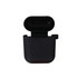 A black silicone case for AirPods, featuring a lid that opens at the top and includes a hook for attachment.
