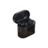 A black luxury cube case with true wireless earbuds inside, featuring a sleek design and a subtle logo.