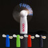 A portable LED message fan in white, with additional fans in blue, green, red, and black. Each has a logo.