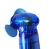 A transparent blue handheld fan with a propeller design, featuring a simple button for operation.