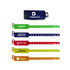 A selection of six disposable reflective PVC wristbands in various colours, each featuring a logo.