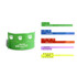 A selection of tabbed disposable PVC wristbands in various colours including green, blue, red, purple, and yellow.