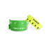 Green PVC wristbands with tabbed closures, featuring a logo and icons, designed for events and exhibitions.