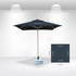 A square market umbrella in dark blue with a light blue base, featuring a logo. Dimensions are 2x2m.