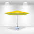 A yellow 2x2m square market umbrella with a central pole and a weighted base, featuring a logo.