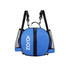 A blue backpack with mesh pockets, featuring straps and a logo on the front.
