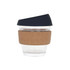 A reusable 8 oz glass coffee cup with a cork band and a dark lid, featuring a sleek design.