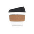 A reusable glass coffee cup with a cork band and a black lid, featuring a clear glass body.
