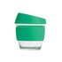 A drink bottle featuring a clear glass body with a green silicone lid and sleeve, perfect for reusable coffee.