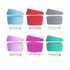 A set of six 8 oz reusable glass coffee cups in blue, red, grey, purple, pink, and teal, each with a silicone lid and sleeve.