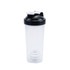 A drink bottle with a clear body, black lid, and white spout, designed for fitness and protein shakes.