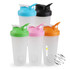 A drink bottle set featuring five BPA-free fitness shaker bottles in blue, black, green, pink, and orange with a metal whisk.