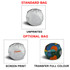 A circular car sunshade in various bag options, featuring a standard unprinted bag and two printed design options.