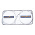 A foldable car shade featuring two circular panels in white with a logo design. The edges are silver.