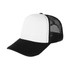 A black and white trucker cap with a solid front and a mesh back. It features a branded logo on the front.
