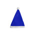 A blue Santa hat with a white pom-pom and white brim. It features a logo on the inside.