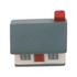 A house-shaped stress reliever in grey, white, and red, with a chimney and windows. It features a logo.