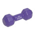 A purple dumbbell-shaped stress reliever with a logo on the side, featuring a geometric design.