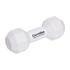 A white dumbbell-shaped stress reliever with rounded ends and a logo in the centre.