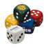 A set of colourful stress reliever dice in green, red, blue, yellow, and white, featuring logos.